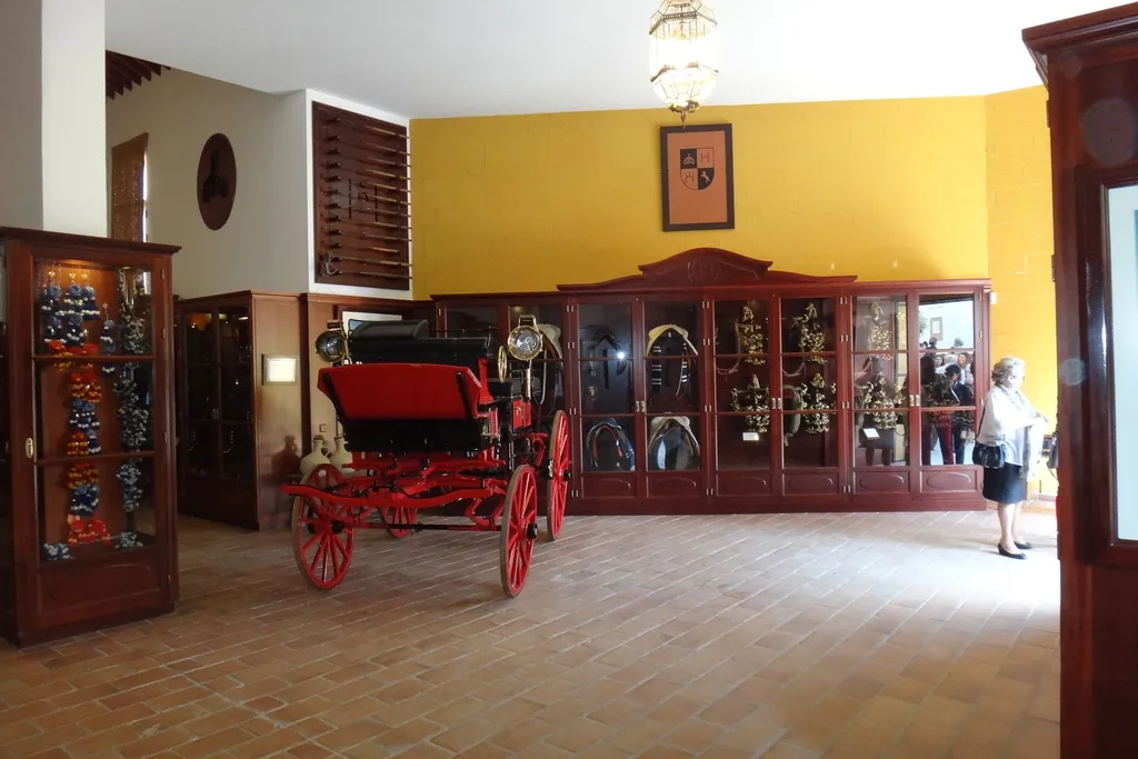 A red carriage beside glass cases of trophies in the carriage museum; a general photograph of a room at the stud farm